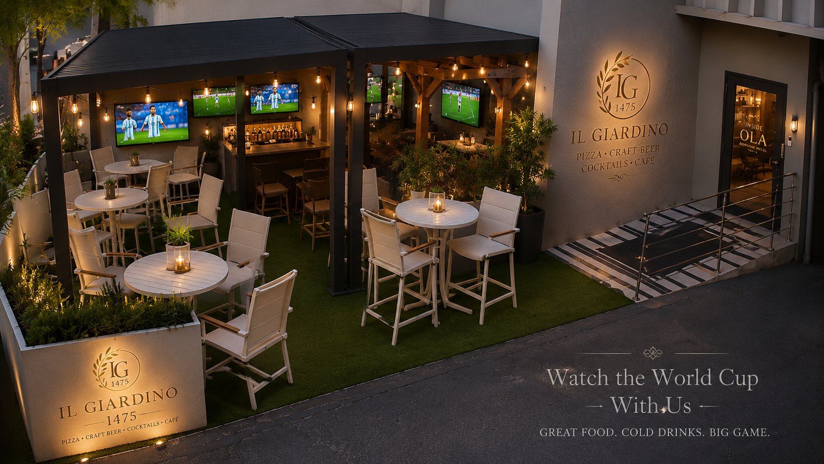 Il Giardino hidden garden patio at night with string lights, olive trees, wood-fired oven and TVs showing soccer